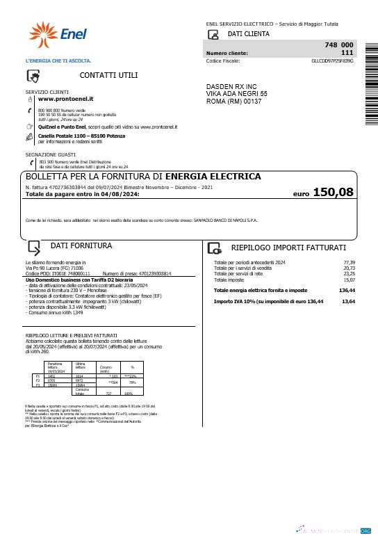 Download Italy Enel electricity business utility bill template in Word and PDF formats Photoshop template